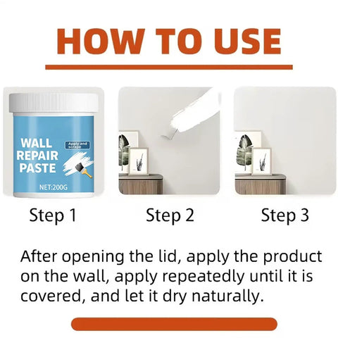 Wall Repair Paste For Quick Fix And Seamless Finish, waterproof drywall crack filler 200g, steps for application in use