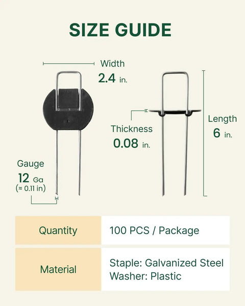 Flip Washer Garden Stakes And Landscape Staples size guide showing dimensions and material details.