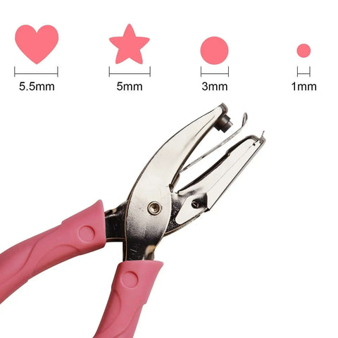 1mm Circle Hole Punch For Craft Paper With Pink Handy Grip Handle and metal body showing the punch sizes for paper crafts