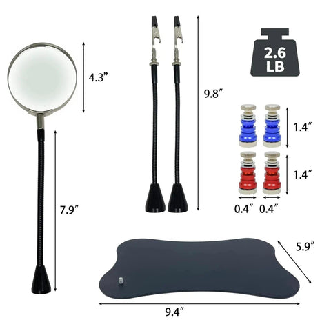 Helping Hands Soldering Station With 2.5X Magnifier dimensions and components overview including base and arms