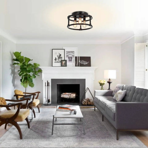 Dope Black Farmhouse 3 Light Ceiling Light Fixture Semi Flush Mount in a modern living room with gray couch and fireplace