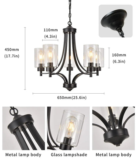 Contemporary Black 5 Light Glass Chandelier For Dining Room And Kitchen Island Farmhouse Style Ceiling Pendant Light with dimensions