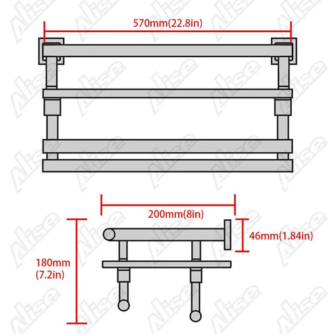 Technical drawing of Sturdy Glass Bathroom Shelf With 2 Bars Wall Mount In SUS 304 Stainless Steel Brushed Finish, 570mm width.