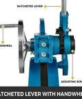 Heavy Duty Manual Arbor Press Built Like A Tank From Solid Cast Iron showing ratcheted lever and handwheel for precision work.