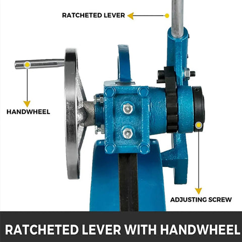 Heavy Duty Manual Arbor Press Built Like A Tank From Solid Cast Iron showing ratcheted lever and handwheel for precision work.