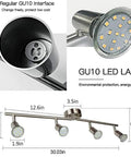 Sleek Modern LED 4-Light Track Lighting Kit With Flush Mount components, GU10 LED lamp, adjustable spotlights for versatile decor use.