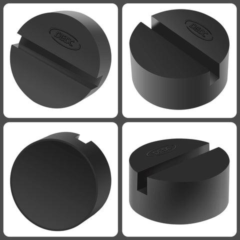 DEDC universal jack stand pad adapter pinch weld side frame rail protector, round black plastic cap, 2-pack