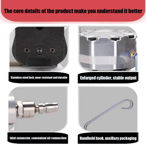 Pro Grade Pneumatic Steel Strapping Machine Featuring Heavy Duty Tensioner Cutter Sealer And Handheld Banding Tool detailed parts including stainless steel lock and air connector.