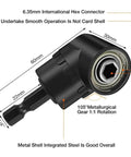 Heavy Duty Right Angle Drill Adapter With 360 Degree Rotation And Impact Grade Socket Kit For Tough Jobs. black metal 105° adapter, 1/4 drive