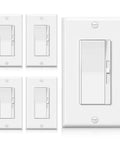 Five Pack Single Pole And Three Way Dimmer Light Switch With Wall Plates in white, includes sliding controls and buttons.