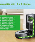Roomba with Clean Base and Eight Pack Roomba Vacuum Bags For I7 I8 S9 J7 on floor next to a wall socket.