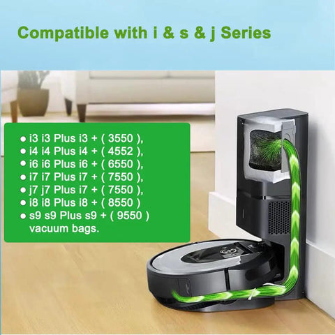 Replacement Vacuum Bags For I Series S And J Series With Automatic Dirt Disposal Easy Fit 12 Pack showing compatibility chart next to Roomba.