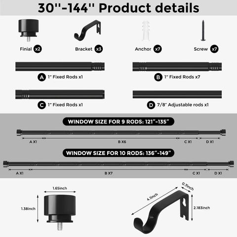 Heavy Duty Telescoping Curtain Rod Set Adjustable 36 To 144 Inch 1 Inch Diameter Black Finish Easy Install product details