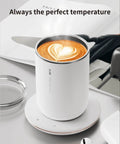 Self Heating Coffee Mug With Smart Temperature Control And Self Stirring Keeps Your Morning Coffee legit hot and buttery smooth all day long rechargeable beverage warmer on a desk.