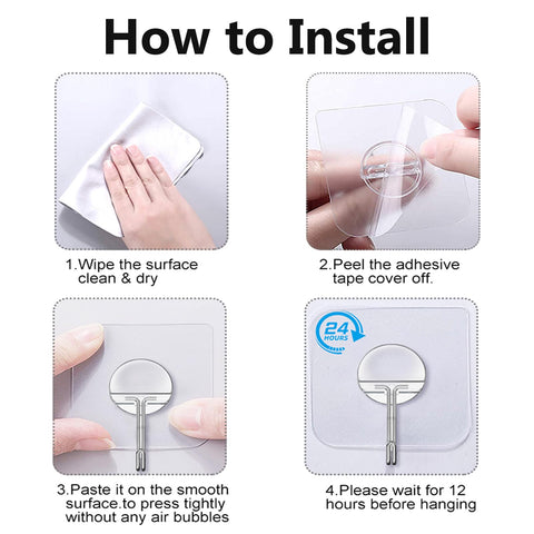Installation steps for Heavy Duty No Drill Adhesive Wall Hooks 13Lb Load, Transparent Waterproof Hooks For Bathroom And Kitchen, 8 Pack.