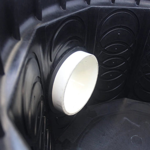 Close-up of Rhino 24 Inch Heavy Duty Catch Basin Kit with internal view showing one of the four seals with nut, suitable for various pipe sizes.