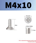 Heavy Duty M4 X 10mm Phillips Flat Countersunk Machine Screws In Top Shelf 304 Stainless Steel Rust Resistant Full Thread Fasteners, dimensions displayed.