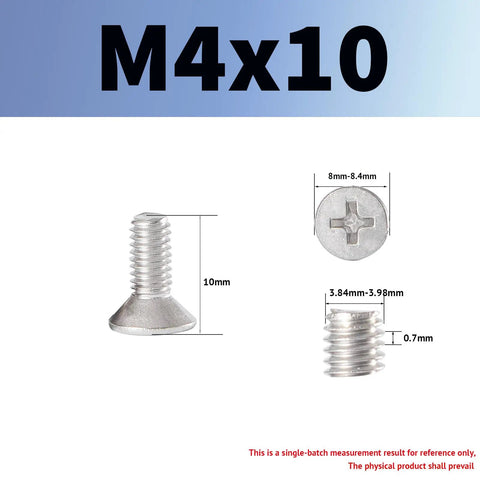 Heavy Duty M4 X 10mm Phillips Flat Countersunk Machine Screws In Top Shelf 304 Stainless Steel Rust Resistant Full Thread Fasteners, dimensions displayed.