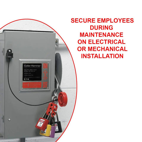 Group Lockout Hasp With Vinyl Coated Handle And Extended Jaw Red One And One Half Inch Inside Diameter Heavy Duty Steel Construction OSHA Compliant Lockout Tagout Device For Up To Six Workers on electrical panel.