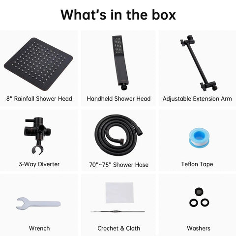 All Metal 8 Inch Dual Square Shower Head With Handheld Combo Built To Last Rain Shower Head With Adjustable Extension Arm 3 Way Diverter 71 Inch Hose Oil Rubbed Bronze Finish Stainless Steel Brass Construction - Box Contents