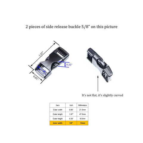 Heavy Duty Side Release Buckles For Bike Helmets Five Eighth Inch Plastic Quick Release Clips Clasp Replacement showing dimensions