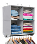 Two In One Hanging Closet Organizer With Built In Garment Rod And Four Spacious Shelves For Clothes Sweaters And Shoes Heavy Duty 600D Fabric Doubles Your Closet Capacity Reinforced Grey filled with folded clothes, hats, and hanging garments