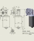 24V DC Worm Gear Motor 52 RPM Reversible Beefy High Torque Electric Gearbox Reduction With Left Threaded Shaft GW70105 Ideal For Robotics Automation CNC DIY Projects And Small Machinery technical drawing and design profile