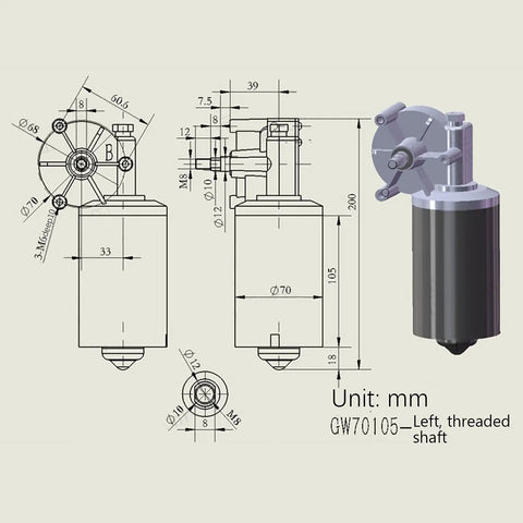 24V DC Worm Gear Motor 52 RPM Reversible Beefy High Torque Electric Gearbox Reduction With Left Threaded Shaft GW70105 Ideal For Robotics Automation CNC DIY Projects And Small Machinery technical drawing and design profile
