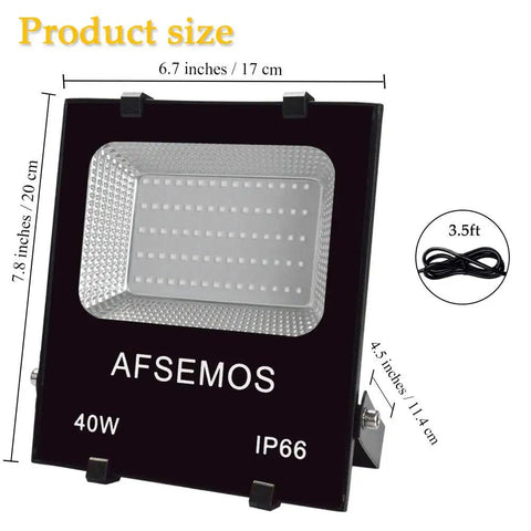 Ultra Bright 40W Black Light Flood Light IP66 Waterproof with bracket, showing product and size dimensions, 3.5ft cable