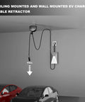 EV Charger Cable Retractor Ceiling Mount Tangle Free Cord Organizer, showing 11.5ft retractable cord above parked cars.