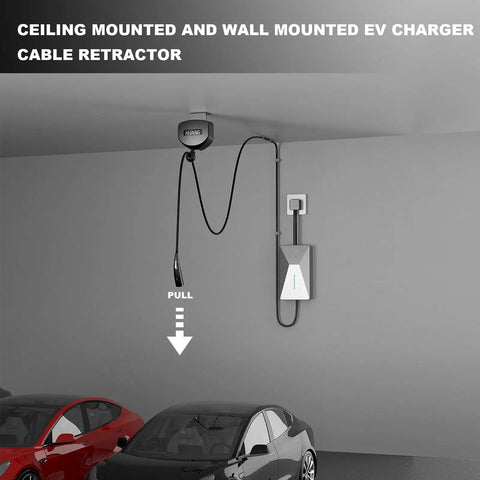 EV Charger Cable Retractor Ceiling Mount Tangle Free Cord Organizer, showing 11.5ft retractable cord above parked cars.