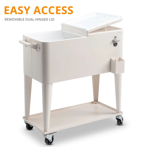 80 Quart Rolling Ice Chest Cooler Cart For Patio Parties Party Ready Stand Up Beverage Trolley With Shelf Beige Finish