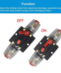 Heavy Duty Manual Reset Audio Circuit Breaker Inline Fuse Holder For Auto Car Stereo Marine Amp Protection 12V 24V DC displayed in ON and OFF positions.