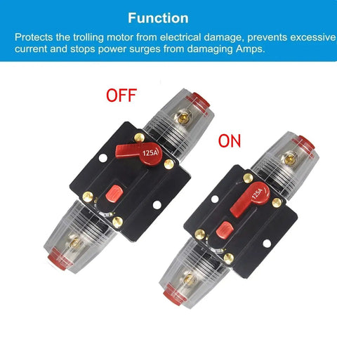 Heavy Duty Manual Reset Audio Circuit Breaker Inline Fuse Holder For Auto Car Stereo Marine Amp Protection 12V 24V DC displayed in ON and OFF positions.