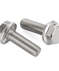 Close-up of 3/8-16 flanged hex head bolts fully threaded 1 inch stainless steel 304 external hex drive flange screws 10 piece set
