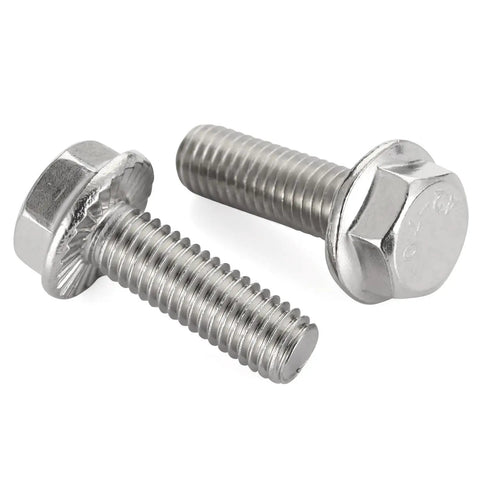 Close-up of 3/8-16 flanged hex head bolts fully threaded 1 inch stainless steel 304 external hex drive flange screws 10 piece set