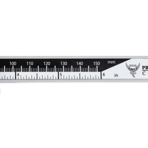 Pro Grade Digital Caliper 6 Inch 150mm with 4 In 1 Measuring Functions for Outside Diameter, Inside Diameter, Step and Depth, close-up scale