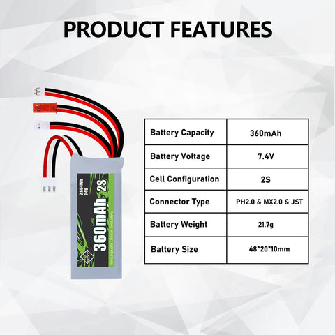 7.4V 360mAh LiPo RC Battery Pack With JST MJ PH2.0 MX2.0 Discharge Plug For SCX24 And WLtoys Rigs product features chart