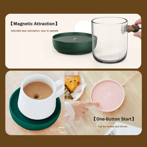 Electric Cup Warmer With Auto Shut Off Timer And Dual Temp Control Keeps Your Morning Brew Cozy On Your Desk With A Bright LED Display placed on a table with a coffee cup.