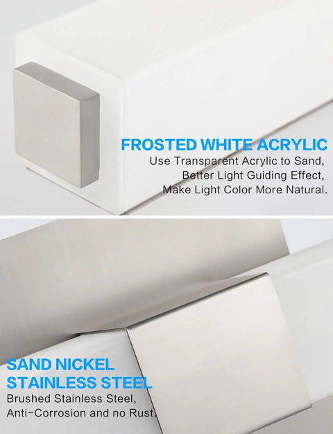 Close-up of frosted white acrylic and sand nickel edges on LED Bathroom Vanity Light 24 Inch Brushed Nickel Modern Fixture Over Mirror
