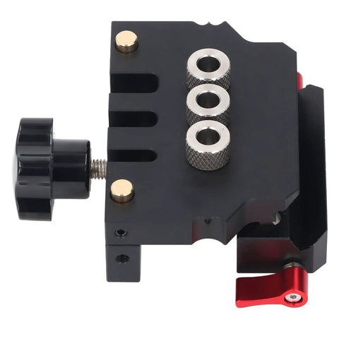 Dead On Precision Self Centering Doweling Jig Kit With Spot On Drill Guide Locator, featuring adjustable knob and precision steel guide pin.