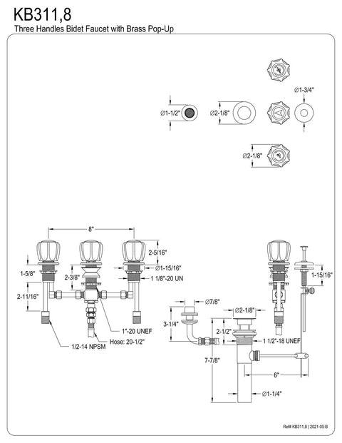 Diagram of Americana Bidet Faucet In Polished Chrome, Solid Brass Deck Mount Bathroom Fixture With Washerless Cartridge, 1/2-14 NPSM