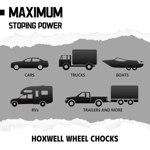 Illustration showing vehicles like cars, trucks, boats, and RVs, emphasizing the use of '4 Pack Wheel Chocks For Travel Trailers And RVs' for safety.