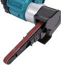 No Fuss 21V Cordless Belt Sander That Knocks Out Rough Woodjobs And Swivels Into Cramped Corners With A Brushless Motor At 1700 RPM showing sanding belt detail.