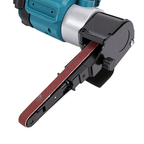 No Fuss 21V Cordless Belt Sander That Knocks Out Rough Woodjobs And Swivels Into Cramped Corners With A Brushless Motor At 1700 RPM showing sanding belt detail.
