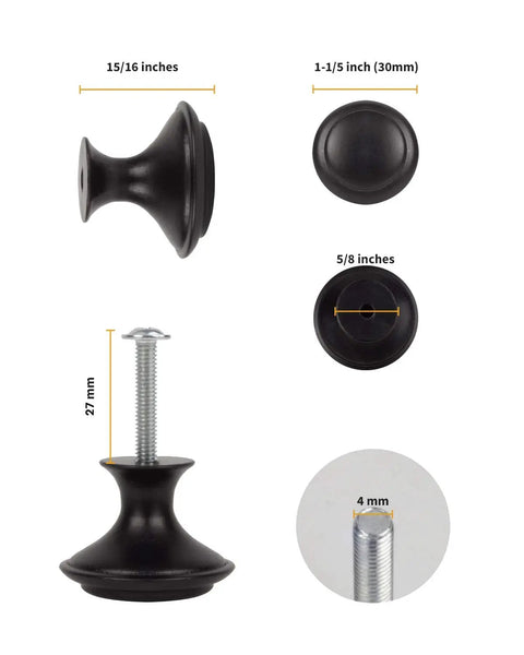 30 Pack Black Cabinet Knobs With Screws, 1-1/5 Inch Diameter 30mm, side and top views with measurements for kitchen cabinets.