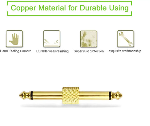 Gold Plated 1/4 Inch Guitar Pedal Connectors 6 Pack with copper build, shown with features like durability and rust protection