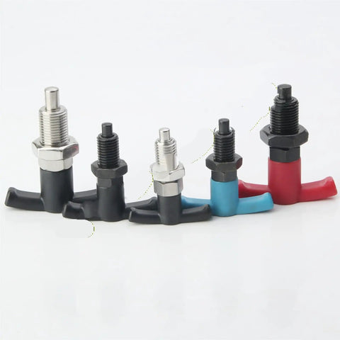 Heavy Duty Stainless Steel T Handle Indexing Plunger Precision Self Locking Locating Pin With Return Spring Rock Solid Grip For Woodworking Jigs And Fixtures M20, various colors and sizes.