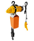 Rugged As Nails 2200 Lb Electric Chain Hoist With 3M Wired Remote and dual lift chains, featuring yellow motor and orange load bag.