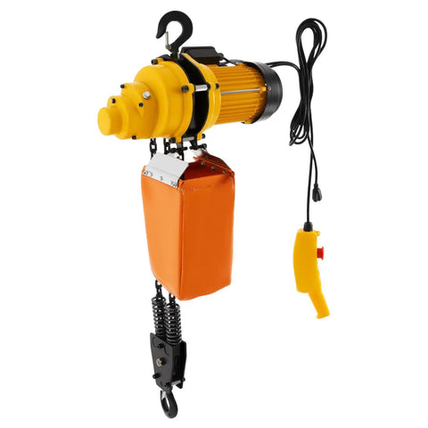 Industrial Grade Beefed Up Electric Chain Hoist Featuring Double Steel Chains And Wireless Remote 2200 Lb Capacity Overhead Crane for Garage Workshop Projects, with yellow motor and orange bag.